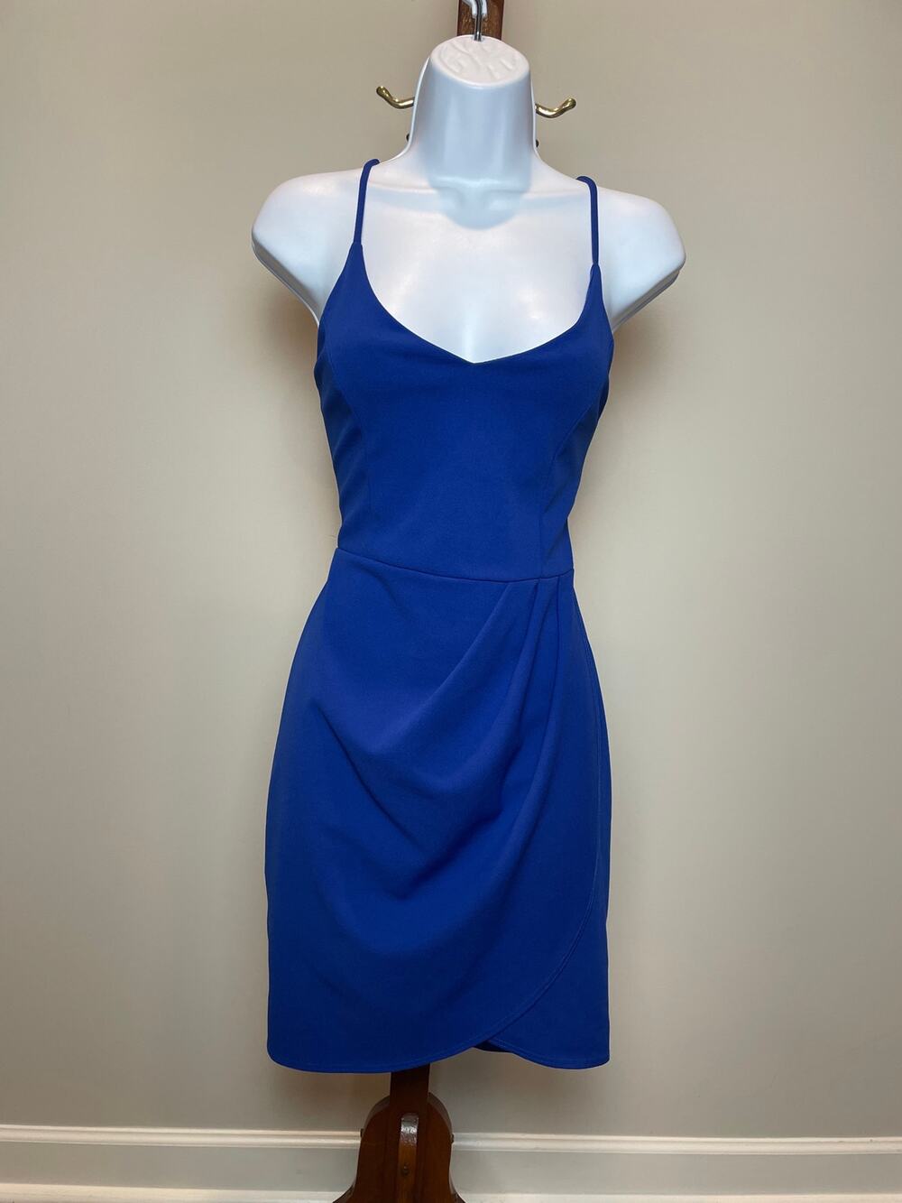 Lulus Dress Size L Blue Spaghetti Strap V Neck Asymmetrical Pleated Detail